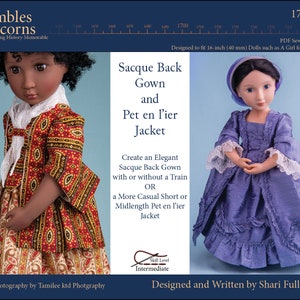 Könnte beinhalten: Ein Schnittmuster für eine 40 cm große Puppe mit einem blau-weißen Kleid und einer rot-weißen Jacke. Das Schnittmuster trägt den Titel "Sacque Back Gown and Pet en l'ier Jacket" und ist für 40 cm große Puppen konzipiert. Der Schwierigkeitsgrad ist mit "Mittel" angegeben.