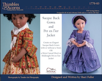 May include: A sewing pattern for a 16-inch doll, featuring a blue and white gown and a red and white jacket. The pattern is titled "Sacque Back Gown and Pet en l'ier Jacket" and is designed to fit 16-inch dolls. The skill level is listed as "Intermediate".