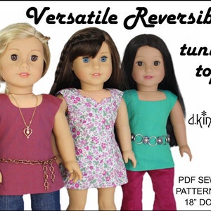 May include: PDF sewing pattern for 18-inch dolls to make reversible tunic tops. The pattern includes three different tops: a teal top, a pink floral top, and a burgundy top. The tops are shown on three dolls.
