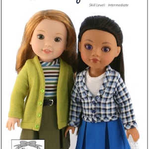 May include: A PDF sewing pattern for making a classic cardigan for 14-14.5 inch dolls. The pattern includes instructions for making two different cardigans, one green and one plaid. The pattern is designed for intermediate sewers and is available from Forever 18 Inches.