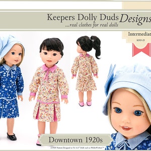May include: A PDF sewing pattern for a 14.5 inch doll dress, called "Downtown 1920s". The pattern is for an intermediate skill level and includes a blue dress with white flowers, a pink dress with white and yellow flowers, and a blue hat.