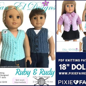 May include: PDF knitting pattern for 18" dolls, featuring a blue and a turquoise knitted vest with button closures. The pattern is titled "Ruby & Rudy" and is available on the website www.pixiefaire.com. The pattern is for an intermediate skill level and uses 4 ply sport weight yarn.