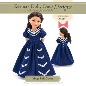 Modello di vestiti per bambole Megs Ball Gown da 15 pollici progettato per adattarsi alle bambole Ruby Red Fashion Friends™ - Keepers Dolly Duds - PDF - Pixie Faire