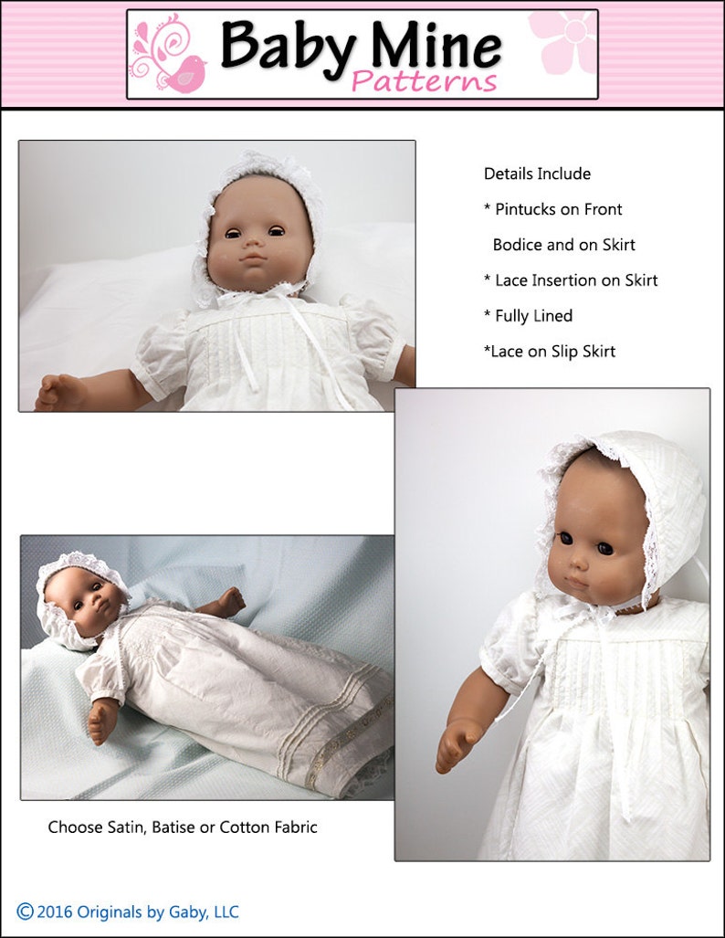 Christening Gown & Bonnet 15 Inch Doll Clothes Pattern Fits Baby Dolls such as Bitty Baby™ Baby Mine PDF Pixie Faire image 2