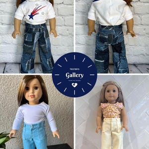 May include: Four dolls wearing different outfits. The dolls are wearing a white shirt with a red, white, and blue star design, a blue denim shirt, a white long-sleeved shirt, and a floral print shirt. The dolls are wearing blue denim pants, light blue pants, and yellow pants.