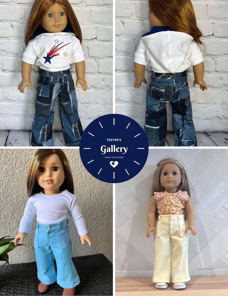 May include: Four dolls wearing different outfits. The dolls are wearing a white shirt with a red, white, and blue star design, a blue denim shirt, a white long-sleeved shirt, and a floral print shirt. The dolls are wearing blue denim pants, light blue pants, and yellow pants.