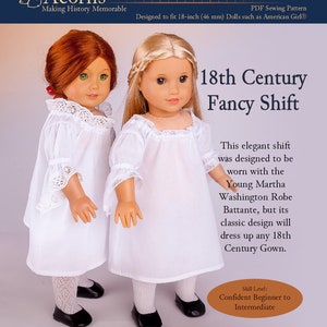 Puede incluir: Un patrón de costura PDF para una camisa elegante del siglo XVIII, diseñada para muñecas de 46 cm. El patrón está ilustrado con dos muñecas que llevan la camisa, una con cabello rojo y la otra con cabello rubio. El patrón se titula "Camisa elegante del siglo XVIII" e incluye instrucciones para un nivel de habilidad "Principiante seguro a intermedio".