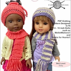 May include: Two knitted doll beanies and scarves, one pink and one purple, with a white background. The text "BEANIES & SCARVES" is at the bottom of the image. The text "Weight 3 (DK/Light Worsted) 4 US 3.5 mm" is at the top of the image. The text "PDF Knitting Pattern Designed to fit 14-15 inch Dolls such as WellieWishers® and Hearts for Hearts®" is on the right side of the image. The text "Skill Level: Easy" is on the right side of the image.