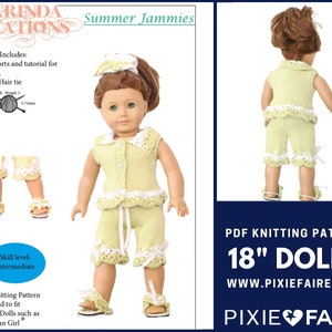 May include: PDF knitting pattern for 18 inch dolls, featuring a green knitted top and shorts with white trim. The pattern includes instructions for a hair tie and slippers.  The pattern is designed to fit 18 inch dolls such as American Girl dolls.  The pattern is labeled "Summer Jammies" and is from the company "Marinda Creations".