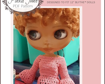 Peplum Top w Bell Sleeves 12 inch Doll Clothes Crochet Pattern Fits 12" Blythe™ Dolls - Pinku Jane - PDF - Pixie Faire