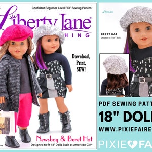 May include: PDF sewing pattern for 18 inch dolls. The pattern includes instructions for making a newsboy hat and a beret hat. The image shows two dolls wearing the hats, one with a pink newsboy hat and the other with a silver beret. The pattern is available for download, print, and sew. The text "Liberty Jane" is featured on the pattern.
