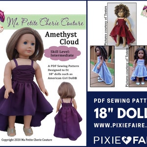 Puede incluir: Patrón de costura PDF para hacer un vestido de alta-baja para muñecas de 46 cm. El vestido es morado con un corpiño fruncido y una cola larga en la parte posterior. El patrón se llama "Amethyst Cloud" y está diseñado por Ma Petite Cherie Couture.