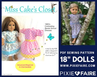 1960s Contrasting Bands School Dress 18 inch Doll Clothes Pattern Fits Dolls such as American Girl® - Miss Cake's Closet - PDF - Pixie Faire