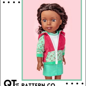 May include: A PDF sewing pattern for a 14.5 inch doll hoodie. The pattern is for an intermediate level sewer and features a green and pink hoodie with a floral print. The pattern is called "Rough N Tumble Hoodie" and is from QT PATTERN CO.