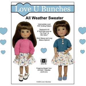 May include: A knitting pattern for an all-weather sweater for 8-inch BJD dolls. The pattern includes instructions for both short and long sleeves. The pattern is designed for fingering weight yarn and US size 1 needles (2.25 mm).