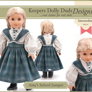 May include: A sewing pattern for a doll's jumper dress, called "Amy's School Jumper". The pattern is for an intermediate skill level and is from Keepers Dolly Duds Designs. The pattern is illustrated with a doll wearing the finished garment.