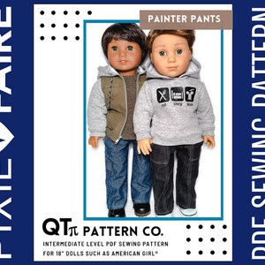 May include: A PDF sewing pattern for making painter pants for 18-inch dolls. The pattern is for an intermediate sewing level. The pattern is from QT Pattern Co. and is suitable for dolls such as American Girl.