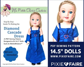 May include: A PDF sewing pattern for a 14.5 inch doll dress. The dress is blue with a diamond cascade design and a pink heart embellishment. The pattern is called "Diamond Cascade Dress" and is designed for dolls like WellieWishers. The pattern is from Ma Petite Cherie Couture.