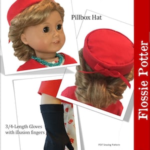 Peut inclure: Patron de couture PDF pour un chapeau rouge de style pilule et des gants noirs 3/4 avec des doigts illusion. Conçu pour les poupées de 18 pouces, comme les poupées American Girl. Le patron est intitulé "Flossie Potter" et "Ladies' Club Accessories".
