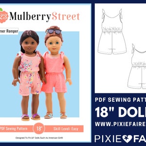 May include: PDF sewing pattern for a summer romper for 18 inch dolls. The pattern is easy to follow and includes instructions for making the romper in two different colors. The pattern is designed to fit dolls such as American Girl dolls. The pattern is available for download from the website www.pixiefaire.com.