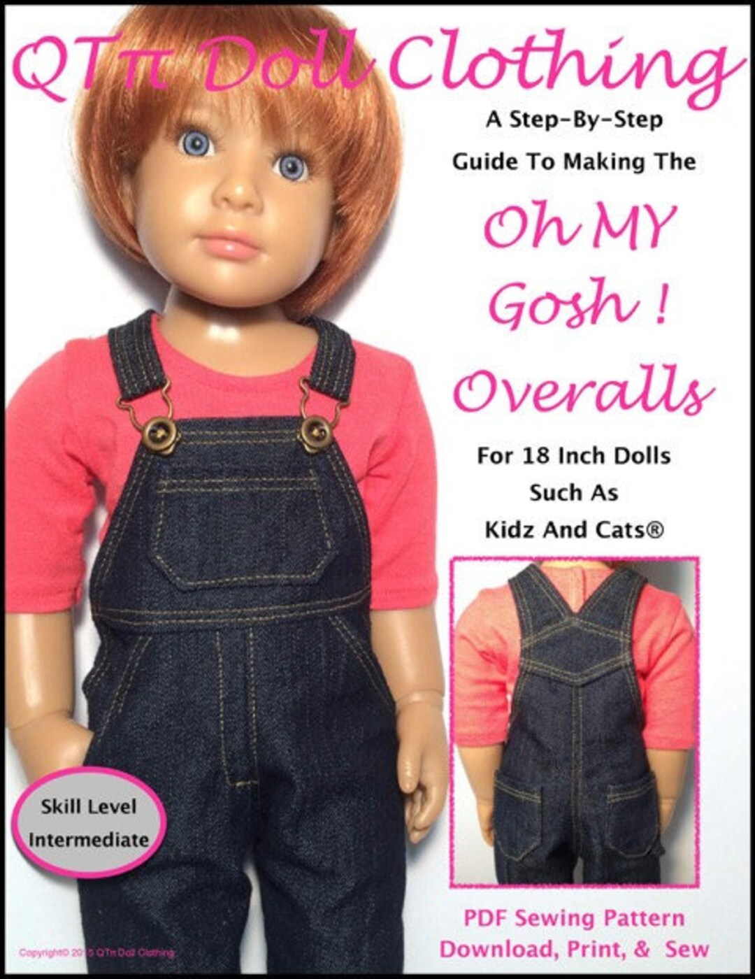 Oh My Gosh Overalls Doll Clothes Pattern for Kidz N Cats Dolls QT Pi Pattern Co PDF Pixie Faire