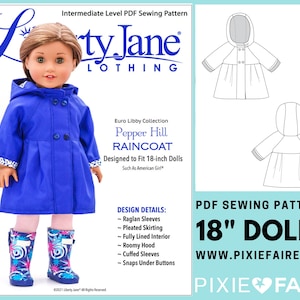 Puede incluir: Un patrón de costura PDF para un impermeable de muñeca de 46 cm. El patrón se llama "Pepper Hill Raincoat" y está diseñado por Liberty Jane Clothing. El patrón incluye instrucciones para mangas raglan, falda plisada, un interior completamente forrado, una capucha espaciosa, mangas con puños y broches a presión debajo de los botones.