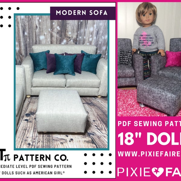 Ensemble de canapé moderne 18 pouces Doll Furniture Pattern Fits Dolls such as American Girl® - QTπ Pattern Co - PDF - Pixie Faire