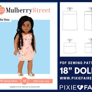 Op de afbeelding: PDF-naaipatroon voor een halterjurk voor een pop van 45,7 cm. Het patroon is gemakkelijk te volgen en bevat instructies voor het maken van de jurk. Het patroon is ontworpen voor poppen van 45,7 cm, zoals American Girl-poppen. Het patroon is te downloaden op de website www.pixiefaire.com. Het patroon heet "123 Mulberry Street Halter Dress".