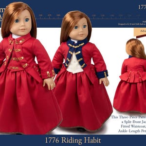 May include: A doll wearing a three-piece riding habit, including a split-front jacket, fitted waistcoat, and ankle-length petticoat. The red jacket has gold embellishments. The pattern is designed for 18-inch dolls. The text reads "1776 Riding Habit."