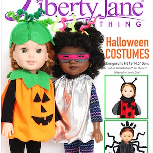 Peut inclure: Un patron de couture PDF pour costumes d'Halloween pour poupées de 13 à 14,5 pouces. Le patron comprend quatre costumes : une citrouille, un super-héros, une coccinelle et une araignée. Le patron est de Liberty Jane Thing.