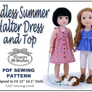 May include: PDF sewing pattern for a halter dress and top designed to fit 13" to 14.5" dolls. The pattern is labeled "Endless Summer Halter Dress and Top" and "Forever 18 Inches". The pattern is shown with two dolls wearing the dress and top.