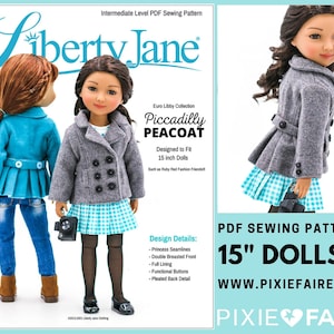 Puede incluir: Un patrón de costura PDF para un abrigo de 38 cm para muñeca. El patrón incluye costuras princesa, un frente de doble botonadura, forro completo, botones funcionales y un detalle de espalda plisada. El patrón está diseñado para adaptarse a muñecas como Ruby Red Fashion Friends. La imagen muestra una muñeca con el abrigo terminado en gris y una muñeca con un abrigo azul.