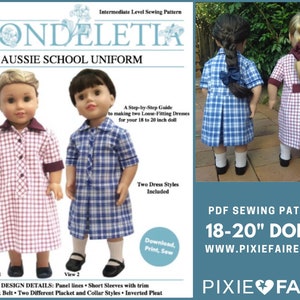 Könnte beinhalten: PDF-Schnittmuster zum Nähen von zwei Kleidern für Puppen im Maßstab 18-20 Zoll. Das Schnittmuster enthält zwei Kleidervarianten: ein Kleid mit blauem Karomuster und ein Kleid mit rotem und weißem Gingham-Muster. Das Schnittmuster trägt den Titel "Rondeletia Aussie School Uniform" und enthält eine Schritt-für-Schritt-Anleitung.