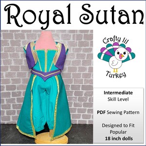 Könnte beinhalten: Ein PDF-Schnittmuster für ein türkisfarbenes und violettes königliches Sultan-Kostüm für 45,7 cm große Puppen. Das Schnittmuster ist mit "Royal Sutan" beschriftet und enthält den Text "Crafty lil Turkey" und "Mittleres Könnerniveau".