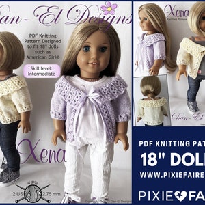 May include: A knitting pattern for an 18 inch doll cardigan, called "Xena". The pattern is available as a PDF download from Pixie Faire. The pattern is designed for intermediate knitters and uses 4 ply yarn with 2.75 mm needles.
