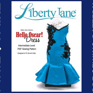 May include: A PDF sewing pattern for a blue and black dress called "Hello Oscar! Dress". The pattern is designed for 18-inch dolls and is an intermediate level project.