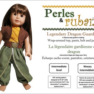 May include: A doll dressed in a costume with a yellow top, brown vest, and green pants. The doll is wearing a belt with a decorative buckle. The image includes text that reads "Legendary Dragon Guardian" and "PDF sewing pattern designed to fit 18" dolls."