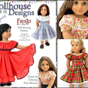 Fiesta Folklorico Dress & Blouse 18 inch Doll Clothes Pattern Fits Popular 18&quot; Dolls - Dollhouse Designs - PDF - Pixie Faire