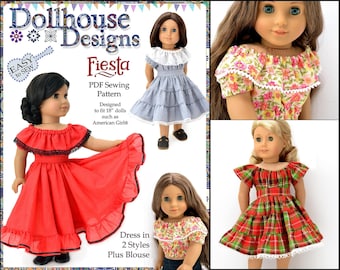 Fiesta Folklorico Dress & Blouse 18 inch Doll Clothes Pattern Fits Popular 18&quot; Dolls - Dollhouse Designs - PDF - Pixie Faire