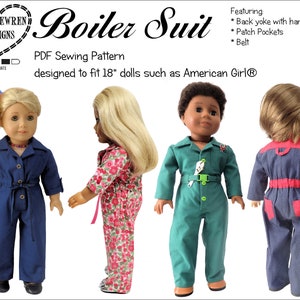 以下が含まれることがあります： アメリカンガール人形などの18インチ人形に合うボイラースーツのPDF縫製パターンです。パターンには、吊り下げループ付きのバックヨーク、パッチポケット、ベルトが含まれています。画像には、スーツの異なるバージョンを着た3体の人形が写っています。青、緑、赤のアクセントが付いた青です。