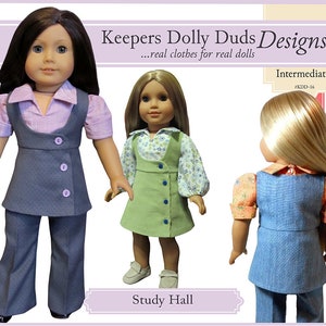 May include: Three dolls wearing different outfits, including a gray pantsuit, a green dress with a floral print top, and a blue denim pantsuit with a peach floral print top. The dolls are all wearing different hairstyles and have different facial expressions. The image is titled "Keepers Dolly Duds Designs...real clothes for real dolls" and "Study Hall". The text "Intermediate #KDD-16" is also included in the image.