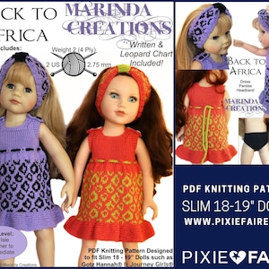 May include: Knitting pattern for a doll dress, panties, and headband. The pattern is for 18-19 inch dolls and includes a leopard print design. The pattern is titled "Back to Africa" and is by Marinda Creations. The pattern is available on Pixie Faire.