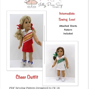 May include: A PDF sewing pattern for a cheer outfit designed to fit 18-inch dolls, such as American Girl dolls. The pattern includes attached shorts and is at an intermediate sewing level. The image shows two dolls wearing the cheer outfits.