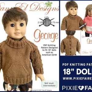 Puede incluir: Patrón de tejido de punto para un suéter de muñeca de 46 cm. El patrón se llama "George" y está diseñado para tejedoras de nivel intermedio. El patrón está disponible para descargar en PDF desde Pixie Faire.