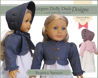 May include: A doll wearing a Regency Spencer outfit, including a blue bonnet and jacket with decorative buttons. The doll is also wearing a white and blue striped dress. The text on the image reads "Keepers Dolly Duds Designs" and "Regency Spencer".