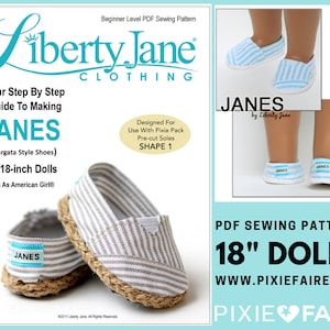May include: PDF sewing pattern for making 18-inch doll shoes. The pattern is called "JANES" and is designed for use with Pixie Pack pre-cut soles. The pattern includes a step-by-step guide to making the shoes. The shoes are a striped fabric with a rope trim. The pattern is available on the website www.pixiefaire.com.