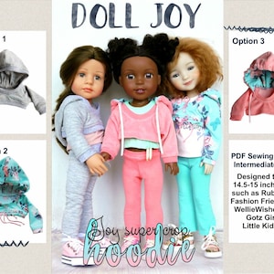 Op de afbeelding: Een PDF-naai-patroon voor een hoodie voor poppen, met drie verschillende opties: grijs, bloemenprint en roze. Het patroon is ontworpen om te passen bij poppen van 14,5-15 inch, zoals Ruby Red Fashion Friends, WellieWishers, Gotz Girls en Little Kidz. Het patroon is gelabeld "Doll Joy" en "Soy supercrop hoodie".