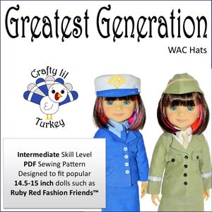 May include: PDF sewing pattern for making WAC hats for 14.5-15 inch dolls. The pattern is designed for intermediate skill level. The image shows two dolls wearing the hats, one in a blue uniform and the other in a green uniform.