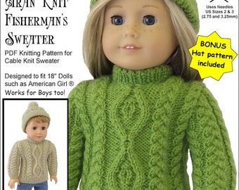 Aran Knit Fisherman's Sweater & Hat 18 inch Doll Clothes Knitting Pattern - Genniewren Designs - PDF - Pixie Faire