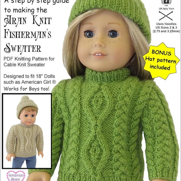 Aran Knit Fisherman's Sweater & Hat 18 inch Doll Clothes Knitting Pattern - Genniewren Designs - PDF - Pixie Faire